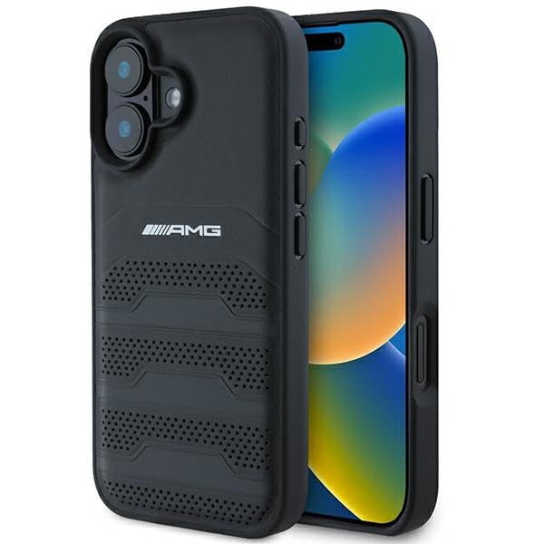 CG Mobile AMG AMHCP16SGSEBK Étui de Protection pour iPhone 16 6,1" Noir Étui Rigide en Cuir avec Lignes en Relief Logo Noir