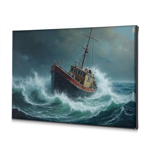 Tableau bateau mer orageuse pour dynamiser un mur de salon vide