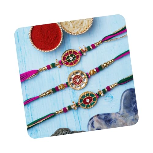 Image of eCraftIndia Set of 3 Peacock Designer Rakhis for Brother Bhabhi Kids Bhaiya | Raksha Bandhan Rakhi Combo Hamper