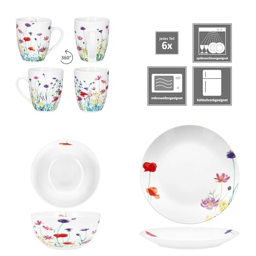 MamboCat Marie 18tlg Frühstücksset I Porzellan-Geschirr mit Blumenwiese-Dekor für 6 Personen I Je 6x Teller, Schalen 400ml & Becher 320ml für Frühstück & Kaffee