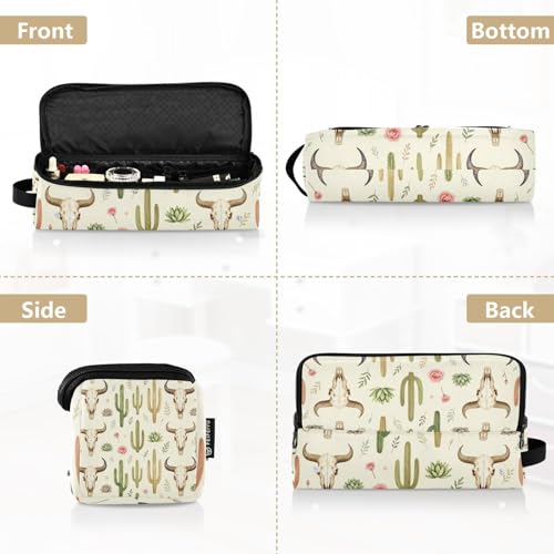 Organizador para herramientas de cabello 2 en 1 y alfombrilla resistente al calor con cierre impermeable para planchas y accesorios de cuidado capilar con diseño de calavera de toro occidental y cactus miniatura 5