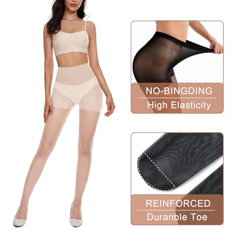 Image of Weziarer 3 Pairs Women's Control Top Pantyhose - 20D Sheer Tights with Reinforced Toes (White,L)