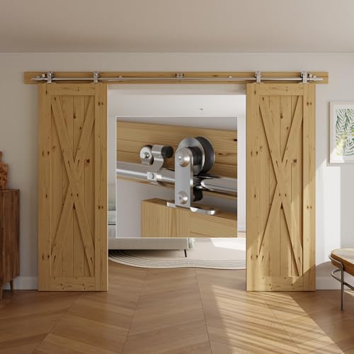 Herrajes Puertas Correderas Inox Doble 305cm Rieles Kit Puerta Corredera Negro para 2 Puerta Corredera Madera 76cm Ancho, Acero Inoxidable T Forma