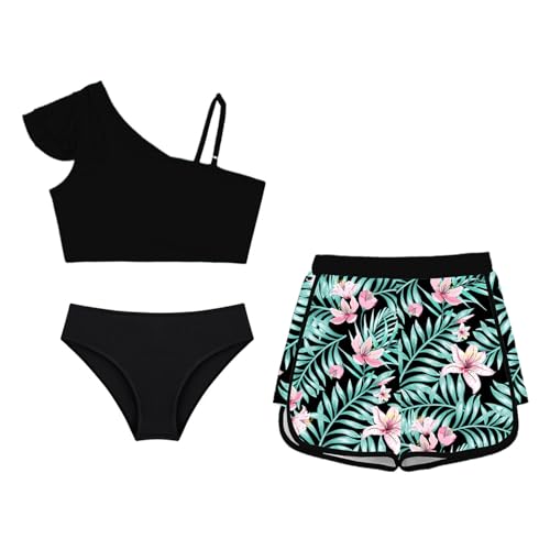 Kids Girls 3 Pcs Tankini One Straps Swim Crop Top with Brief Boyshorts Athletic Swimsuits4