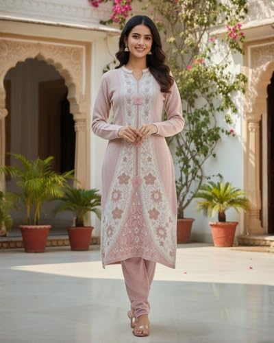 Image of KTI Full Sleeve Knee Length Floral Design Woolen Fabric 3 PC Kurti Set for Women Art NO-94164