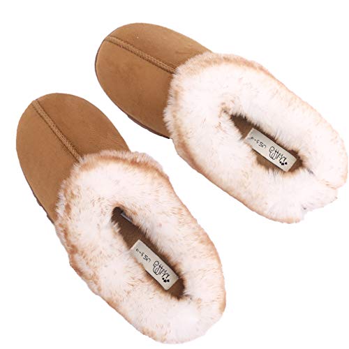 Millffy Women's Faux Fur Clog Comfy Slides Furry Soft Indoor Memory Foam Moccasin Slippers (5-6 US, Chestnut)