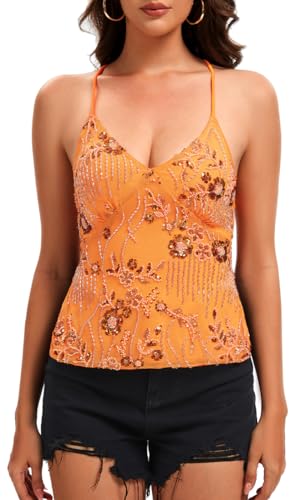 EMILYLE Y2K Women Cute Sparkle Backless Sequin Cami Top Mermaid Top V Neck Open Back Criss Cross Straps Summer Crop Tops(Orange,M)