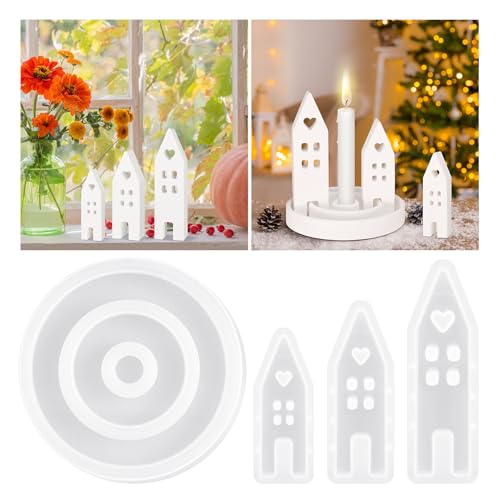 4 Stück Silikonform Kerzenhalter Set, 1 Gießform Kerzenhalter und 3 Silikonform Haus, Gießformen Silikon Epoxidharz Formen Haus Silikonformen für Sojawachs Kerzen,Seife,Handwerk