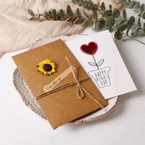 Mothers Day Greeting Card (3.9x5.9) with Sunflower Kraft Envelope (6.9x4.3) Rustic Floral Design Especially for You Sticker Jute Twine Unique Gift for Mom Wife Women