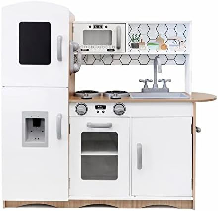 Kidoz Signature Wooden Toy Kitchen, Large Pretend Play Kitchen With Realistic Oven, Microwave and Sink With Taps, Kitchen Playset With Sounds And Lights For Kids (White (Kitchen Only))