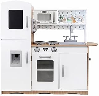 Kidoz Signature Wooden Toy Kitchen, Large Pretend Play Kitchen With Realistic Oven, Microwave and Sink With Taps, Kitchen Playset With Sounds And Lights For Kids (White (Kitchen Only))