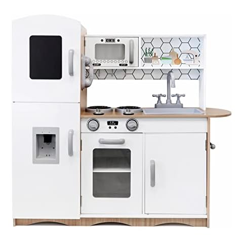 Kidoz Signature Wooden Toy Kitchen, Large Pretend Play Kitchen With Realistic Oven, Microwave and Sink With Taps, Kitchen Playset With Sounds And Lights For Kids (White (Kitchen Only)) Cover