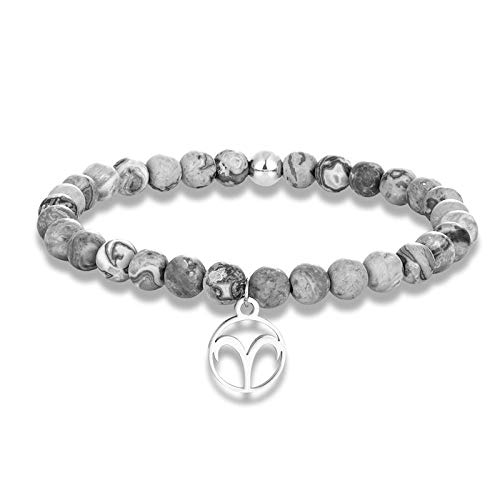 GROPC Pulsera Constelaciones,Unisex 12 Constelación Astrología Aries Gris Natural 6 Mm Piedra con Cuentas Charm Horóscopo Pulseras Elásticas para Hombres Mujeres Regalo De Pareja De Navidad Cover