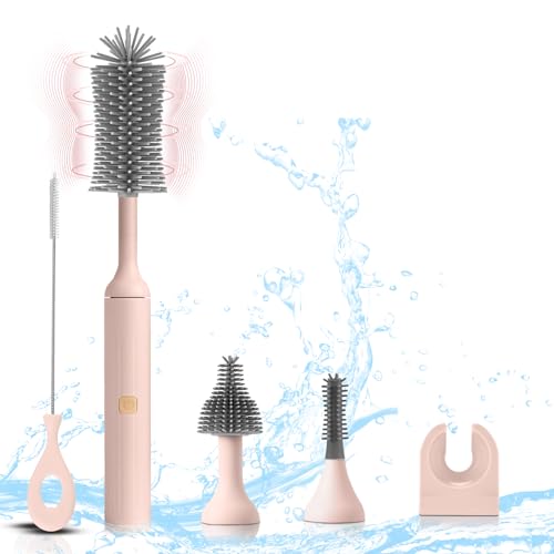 Image of WHNL Electric Baby Bottle Brush Set with Rechargeable Electric Bottle Brush Cleaner and Replaceable Silicone Bottle Brushes and Straw Brush Cleaner, Waterproof Multi-Purpose Cleaning Brush(Pink)