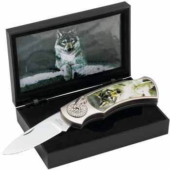Maxam Lockback Knife with Decorative Wolf Inlay in Display Box
