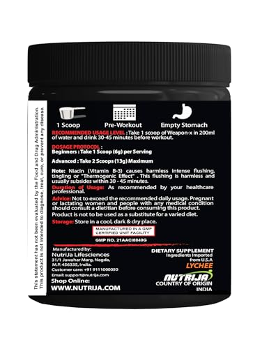 Image of NutriJa Weapon-X Pre-Workout Powder with 20 Active Ingredients -3 Best forms of Creatine, AAKG, Beta-Alanine, Caffeinated | Pumps, Viens Popping, Energy, Focus & Strength (60 Servings (Lychee))