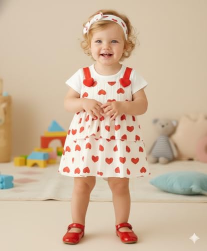 Image of A.T.U.N. (ALL THINGS UBER NICE) Baby Girls 100% Cotton Pinafore Dress with Inner Look Top | Cute Heart Print Design | Soft Touch Flared Fit | Comfortable Stylish Outfit for Babies
