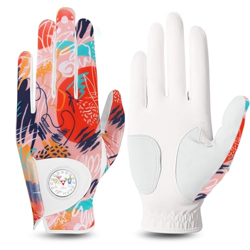 FINGER TEN Stylish Golf Gloves Women with Ball Marker 1 Pack for Left or Right Hand, Breathable Glove with Fashion Patterns for Ladies Right Left Handed Golfer (Full-Orange, Medium, Left)