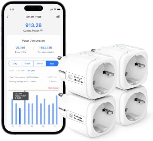Meross Mini 4er Pack WLAN Steckdose mit Strommessung, Alexa-Kompatibel, 16A | WiFi Smart Plug mit Fernbedienung & Sprachsteuerung, Zeitschaltuhr für Balkonkraftwerk, Funktioniert m