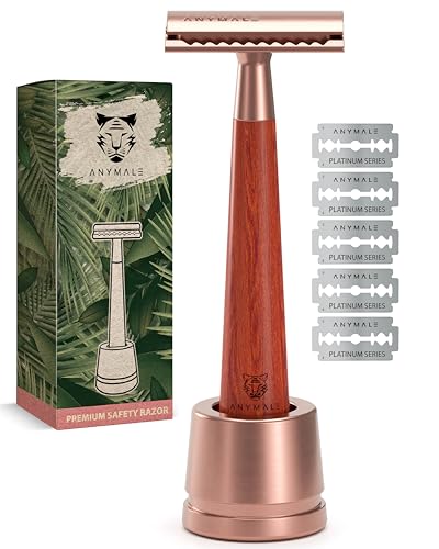 ANYMALE® Golarka z drewna sandałowego Rose – zestaw z 5 ostrzami Astra i stojakiem – trwała golarka dla kobiet i mężczyzn z uchwytem z drewna