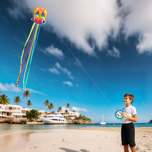 YFAFENGS Large Octopus Kites with 7.1in Reel Winder - Easy Fly Beach Kite Set for Adults & Beginners, Durable Outdoor Squid Kite for Stable Flight