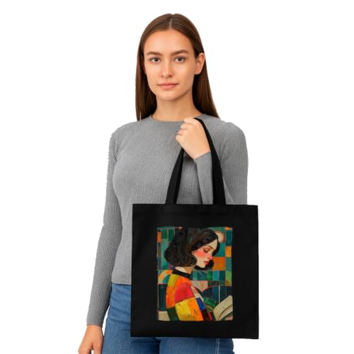 Image of Black Tote Bag With Pocket Printed Designed Canvas Tote Bags For Women large capacity,Tote bag For Shopping, College, Travel, More Canvas Handbag For Unisex Bag