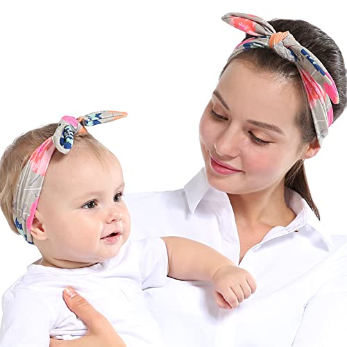 2 Pack Mom and Baby Matching Headbands, Mommy and Me Headband Set Matching Floral Headbands with Rabbit Ears for Mother Daughter3