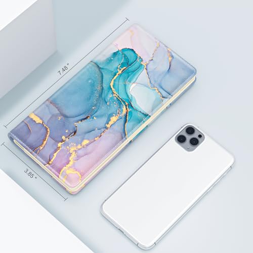 Wallet Women, Cute Marble RFID Blocking Credit Card Holder for Women, Slim Thin Leather Bifold Ladies Purse, Clutch Billfold Card Holder Wallets with 11 Card Slots & ID Window, Blue Ink2