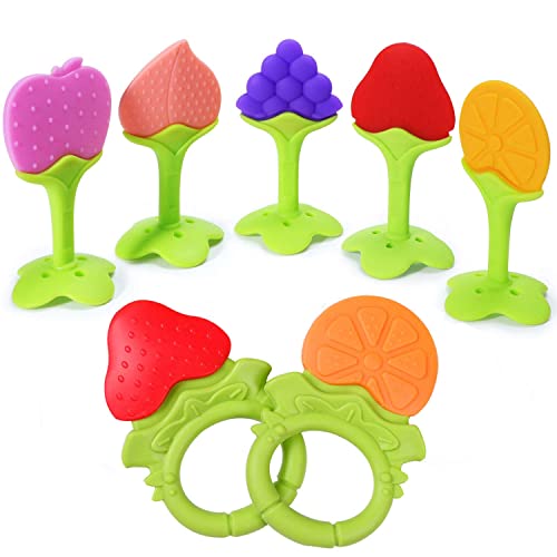 Image of 5 Pcs Teething Toys For Babies 6-12M, Silicone Fruit Baby Teething Toys Set,Freezable Baby Teether Chew Toys,Giraffe Teething Toy For Toddlers Infants(Combo Pack)Multicolor