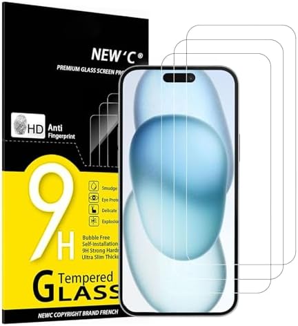 NEW'C Pack of 3 Tempered Glass Screen Protector for iPhone 15 Pro (6.1 Inches), Scratch Free, 9H Hardness, HD Screen Protector, 0.33 mm Ultra Clear, Ultra Resistant
