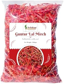 Avlokan Guntur Red Chilli Whole with Stem - 100% Natural, Hot & Spicy Dried Red Chilli | Guntur Sabut Lal Mirch Guntur Withstem Red Chilli, 100 grams
