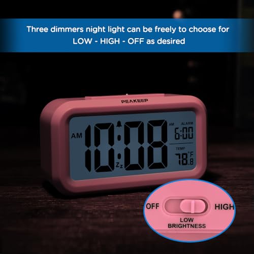 Image of Peakeep Night Light Digital Alarm Clock Battery Operated Indoor Temperature | Small Cordless Cute Clock for Bedroom Desk Travel, Simple to Use for Teens Kids (Pink)