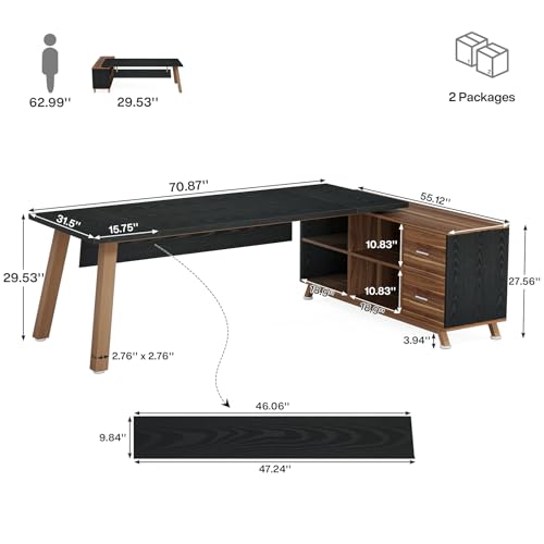 Image of Tribesigns 78.7-Inch Executive Desk, L-Shaped Desk with 55-Inch Cabinet, Large Office Desk with Storage Shelves, Modern Computer Desk for Home Office, Black & Walnut
