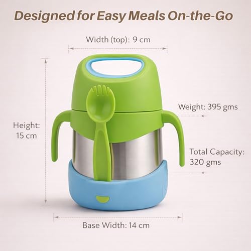 Image of Speedex Kids Insulated Food Jar 320ml Minty Fresh (Green), Stainless Steel Lunch Box with Handle & Spork, Leak Proof BPA-Free Double Wall Vacuum Tiffin, Hot & Cold Food Container