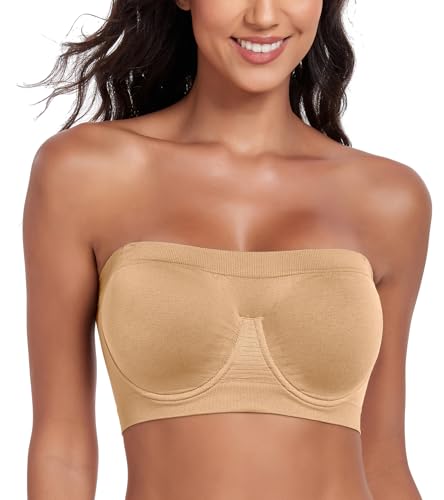 Curyon Women‘s Underwire Strapless Multiway Bra Bandeau Seamless Supportive Bras Non Padded Top S Beige