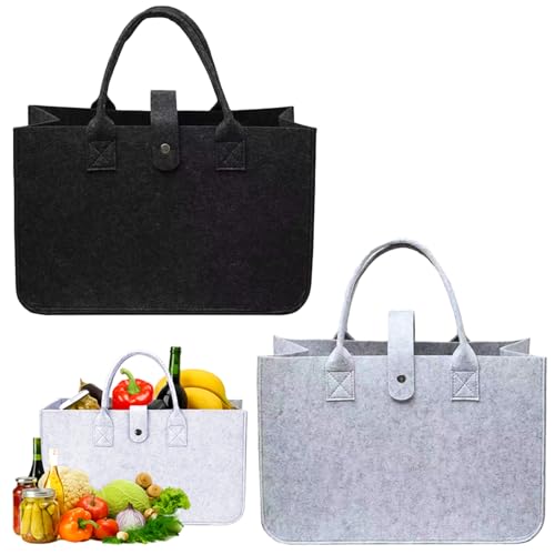 Zephyra 2 Stück Filztasche Einkaufstasche, Filztaschen Shopper Faltbar Und Wiederverwendbar,Filz Tasche,Faltbar Tragetasche Shopping Bag zur Outdoor Trips,Picknick,Einkaufen,Spielzeug,Schwarz+Grau