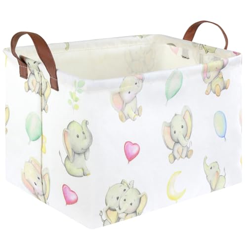 Image of FXOCSHE Rectangular elephant basket,Kids Storage hamper, Waterproof foldable canvas laundry basket, toy rooms, offices, Gift hamper for Home,Elephant Room Decor,Shelf Basket(Love elephants)