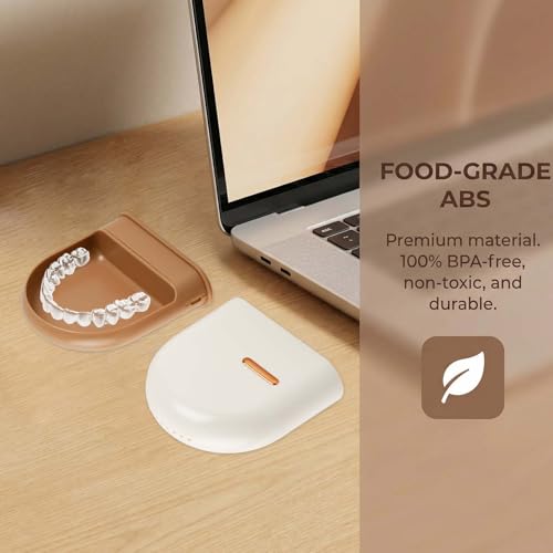 Zahnspangendose Magnetisch, Retainer Case für Zahnspangen & Aufbissschienen, Tragbare Zahnschiene Box Kompatibel, BPA-Frei Prothesendose Aufbewahrungsbox für Unterwegs (10,1 x 9,2 cm) (Beige)