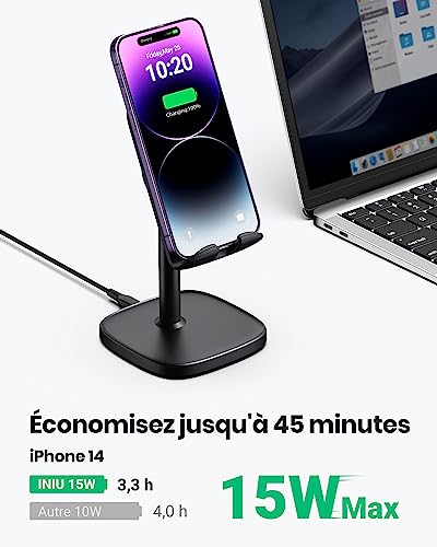 INIU Chargeur Induction, 15W Certifié Qi Charge Rapide à Double Bobine, Lumière Adaptative Facile à Dormir, Chargeur sans Fil pour iPhone 13 12 11 8 Pro Max XR XS X Samsung S22 S21 S20 LG, Noir – Image 3