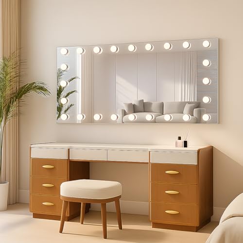 Image of WTTY 60 inchx30 inch Hollywood Vanity Mirror with Lights, Wall-Mounted Makeup Mirror with 3 Color Temperatures, Stepless Dimmable Bulbs, Anti-Fog & Shatter-Proof