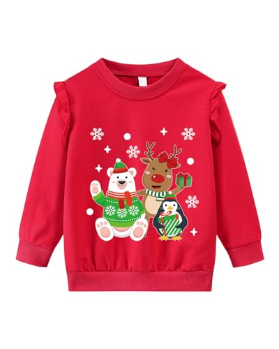 DHASIUE Girls Long Sleeve Christmas Bear Sweatshirt Ruffle Sleeve Tops Xmas Snowflakes Reindeer Kids Girl Jumper Red 5-6 Years