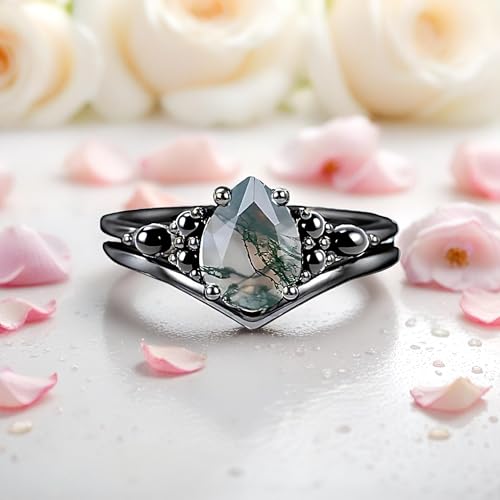 Black Moss Agate Wedding Ring Set for Women 925 Sterling Silver 10K 14K 18K Moss Agate Bridal Jewelry Set for Wedding Black Engagement Ring Promise Ring for Women Wife Bridal Size 4-154