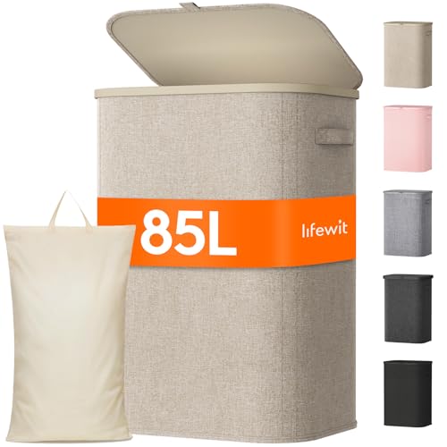 Lifewit 85L Laundry Basket with Lid Large Laundry Hamper with Plastic Handles and Removable Bag Foldable Tall Dirty Clothes Hampers for Laundry for Laundry Room Bedroom Bathroom Dorm Beige