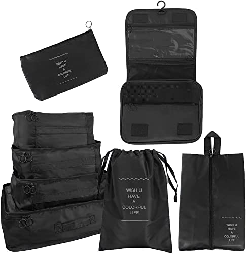 トラベルポーチ 8点セット パッキングオーガナイザー アレンジケース 旅行収納ポーチ 収納力トラベル 衣類収納袋 旅行用品 (黒)