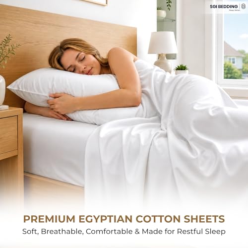 Image of SGI bedding 100% Egyptian Cotton Sheets California King Size - 600 Thread Count Sheets Set, Soft, Cooling, 15 inch Deep Pocket, Luxury Hotel Bedding, Breathable, Durable - White