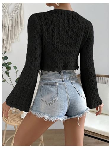 Floerns Women's Scallop Trim Trumpet Long Sleeve Tie Front Cardigan Crop Top3