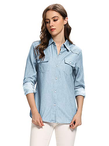 Mesinsefra Women Casual Denim Shirt,Button Down Shirt,Long Sleeve Cotton Blouse Boyfriend Tops with Pockets Light Blue L