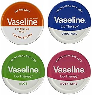Vaseline Lip Balm Petroleum Jelly 20g Lip Therapy. Cocoa Butter, Aloe, Rosy Lips and Original Flavour. Soothes Dry Lips (Pack of 4)