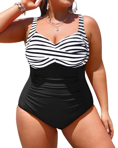 Image of Women Plus Size One Piece Swimsuits Tummy Control Twist Front Bathing Suit | Unremovable Bra, Sweetheart Neckline, Wide Adjustable Straps, Ruched Stomach, Side-Splicing Design, Full Coverage Bottom