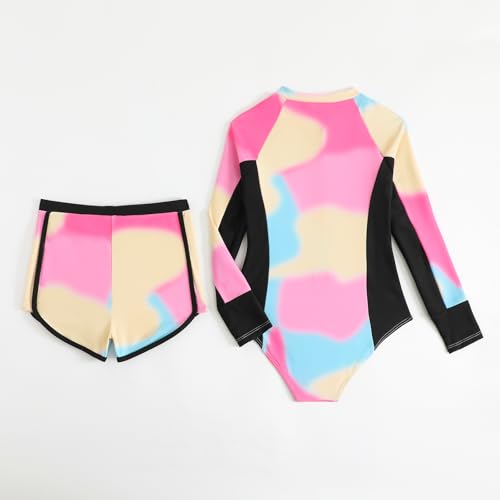 JiAmy Mädchen Badeanzug Zweiteiler Set, Langarm UV Schwimmshirt mit Badehose, Krawattenfärbung Sport Schwimmanzug für 11 Jahre, Rosa (Etikett:11Y)